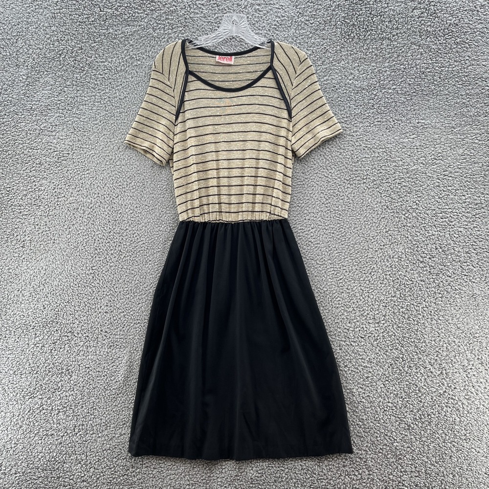 VTG Jerell Of Texas Dress Medium Black Stripe Knit Midi Fit Flare Secretary Day